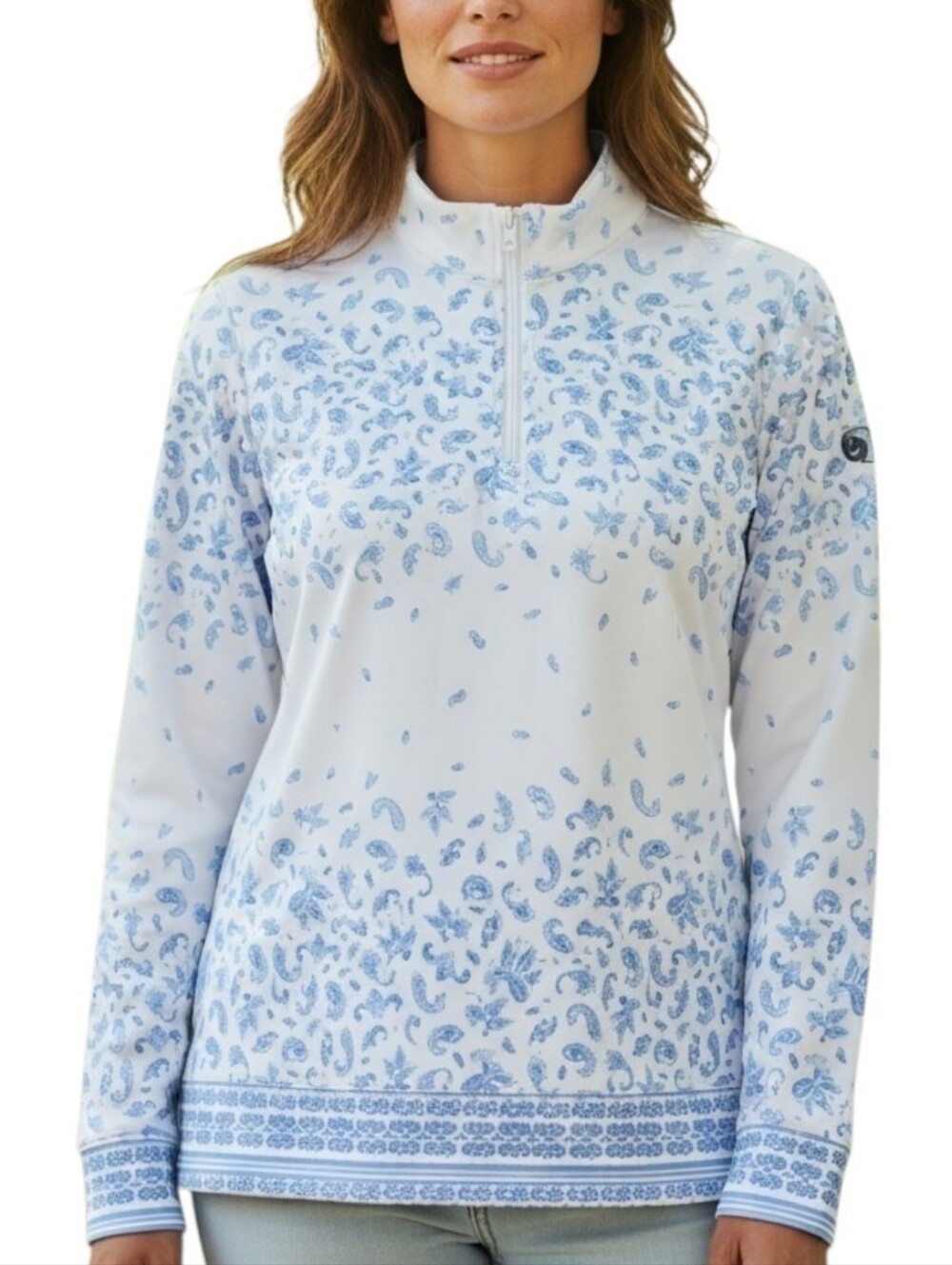 Peter Millar 1/4 Zip Sun Shirt Light Blue Floral Print Golf UPF 50+ Long Sleeve